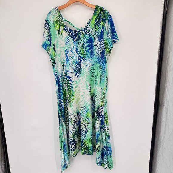 Chicos 3 Womens  Blue Tropical  Short Sleeve Asymmetrical Midi Dress Size XL - Picture 14 of 14
